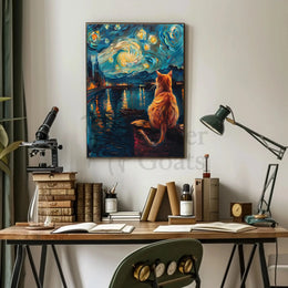 Whimsical Cat Night Sky Artistic Poster PosterGoat