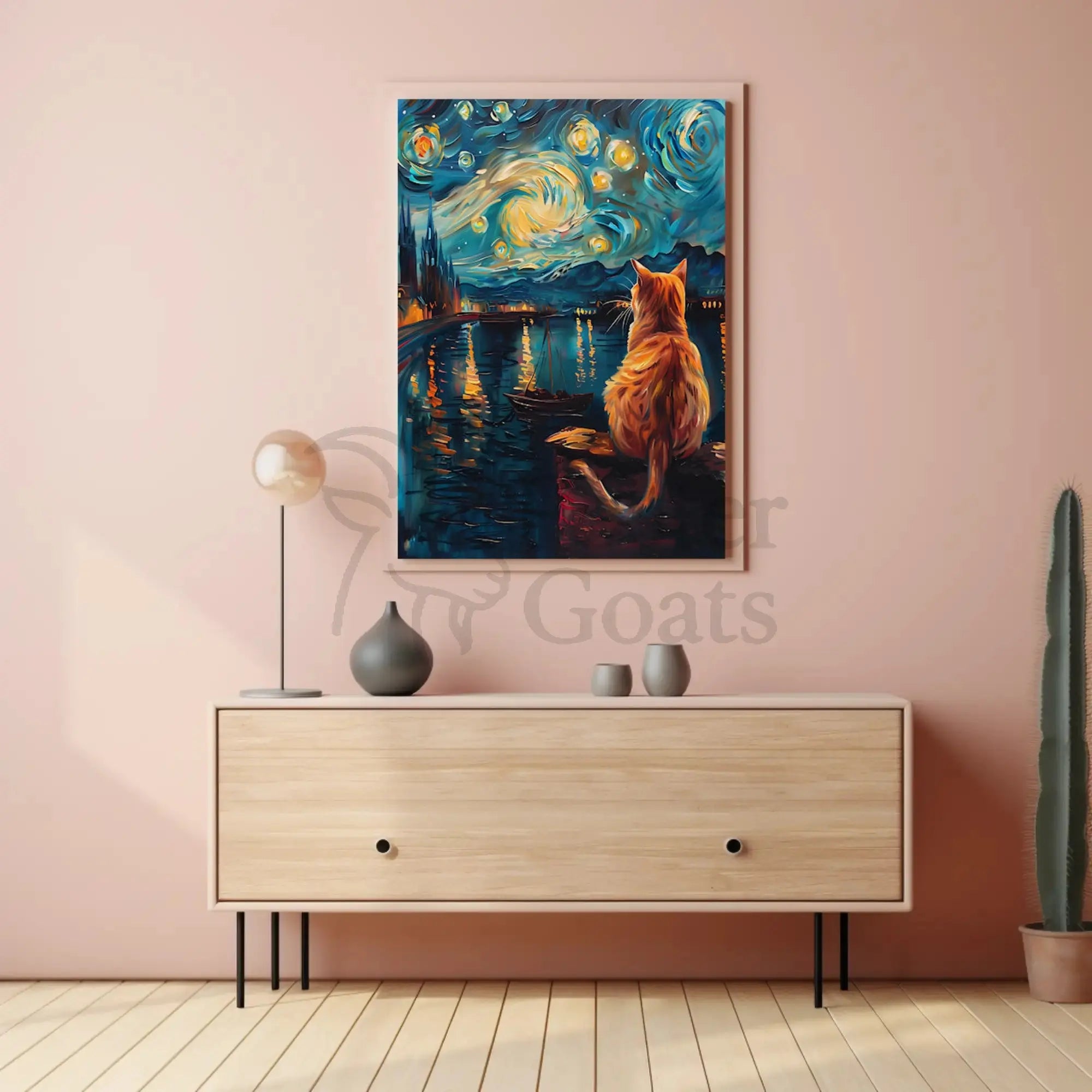 Whimsical Cat Night Sky Artistic Poster PosterGoat