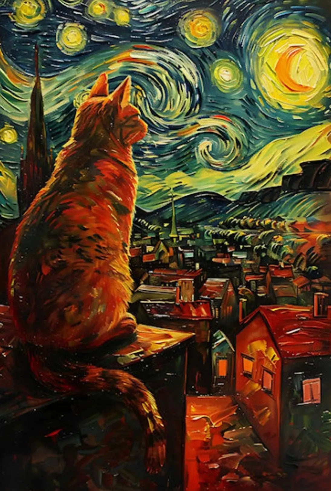 Whimsical Cat Rooftop Scene Artistic Poster PosterGoat