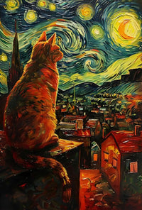 Whimsical Cat Rooftop Scene Artistic Poster PosterGoat