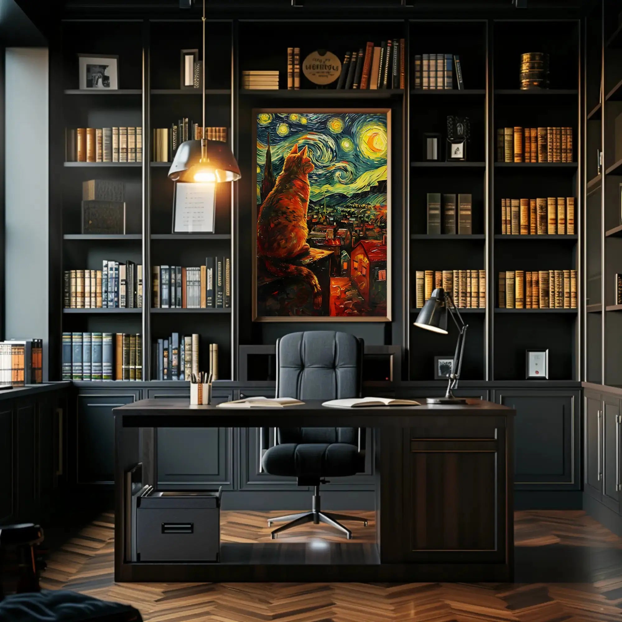 Whimsical Cat Rooftop Scene Artistic Poster PosterGoat