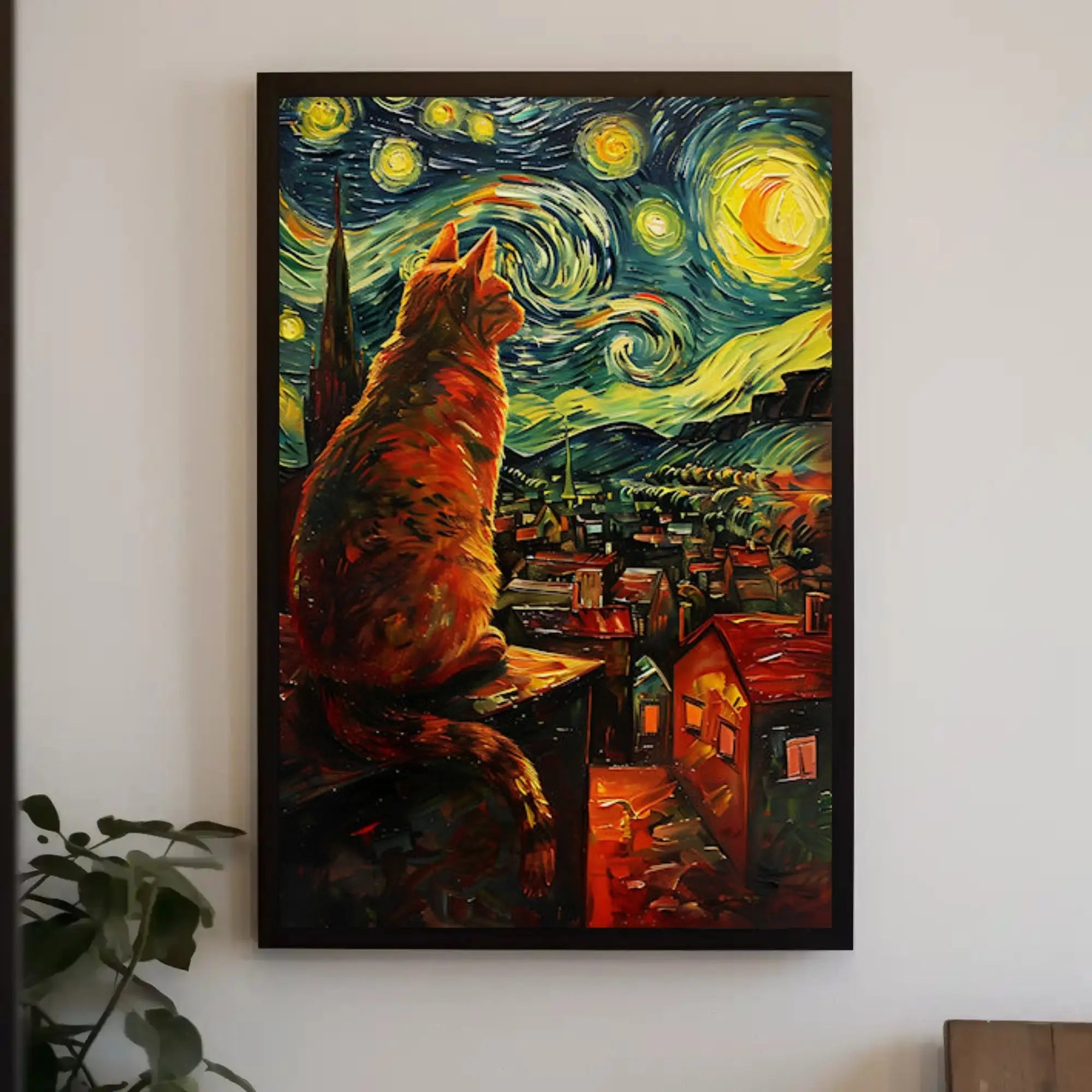 Whimsical Cat Rooftop Scene Artistic Poster PosterGoat