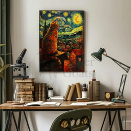 Whimsical Cat Rooftop Scene Artistic Poster PosterGoat