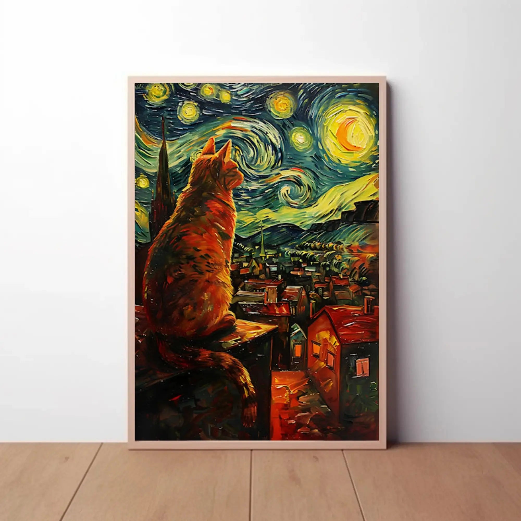 Whimsical Cat Rooftop Scene Artistic Poster PosterGoat