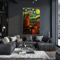 Whimsical Cat Rooftop Scene Artistic Poster PosterGoat