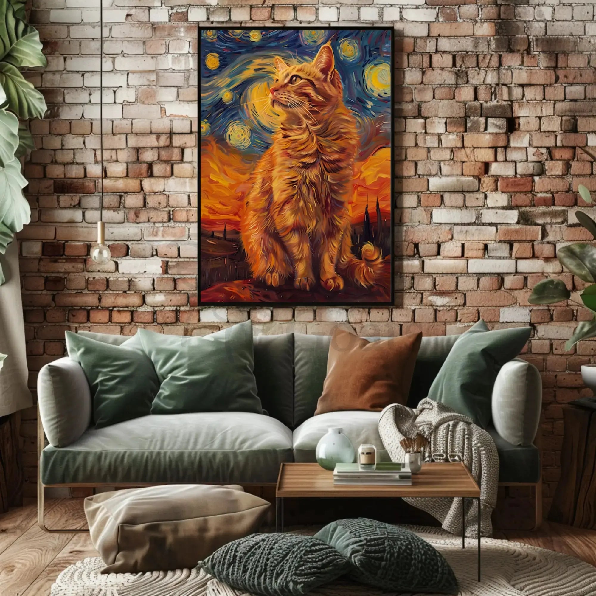 Whimsical Cat Under Starry Sky Artistic Animal Poster PosterGoat