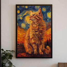 Whimsical Cat Under Starry Sky Artistic Animal Poster PosterGoat