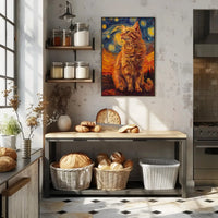 Whimsical Cat Under Starry Sky Artistic Animal Poster PosterGoat