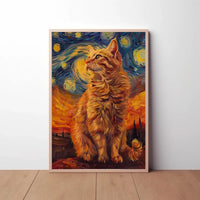 Whimsical Cat Under Starry Sky Artistic Animal Poster PosterGoat