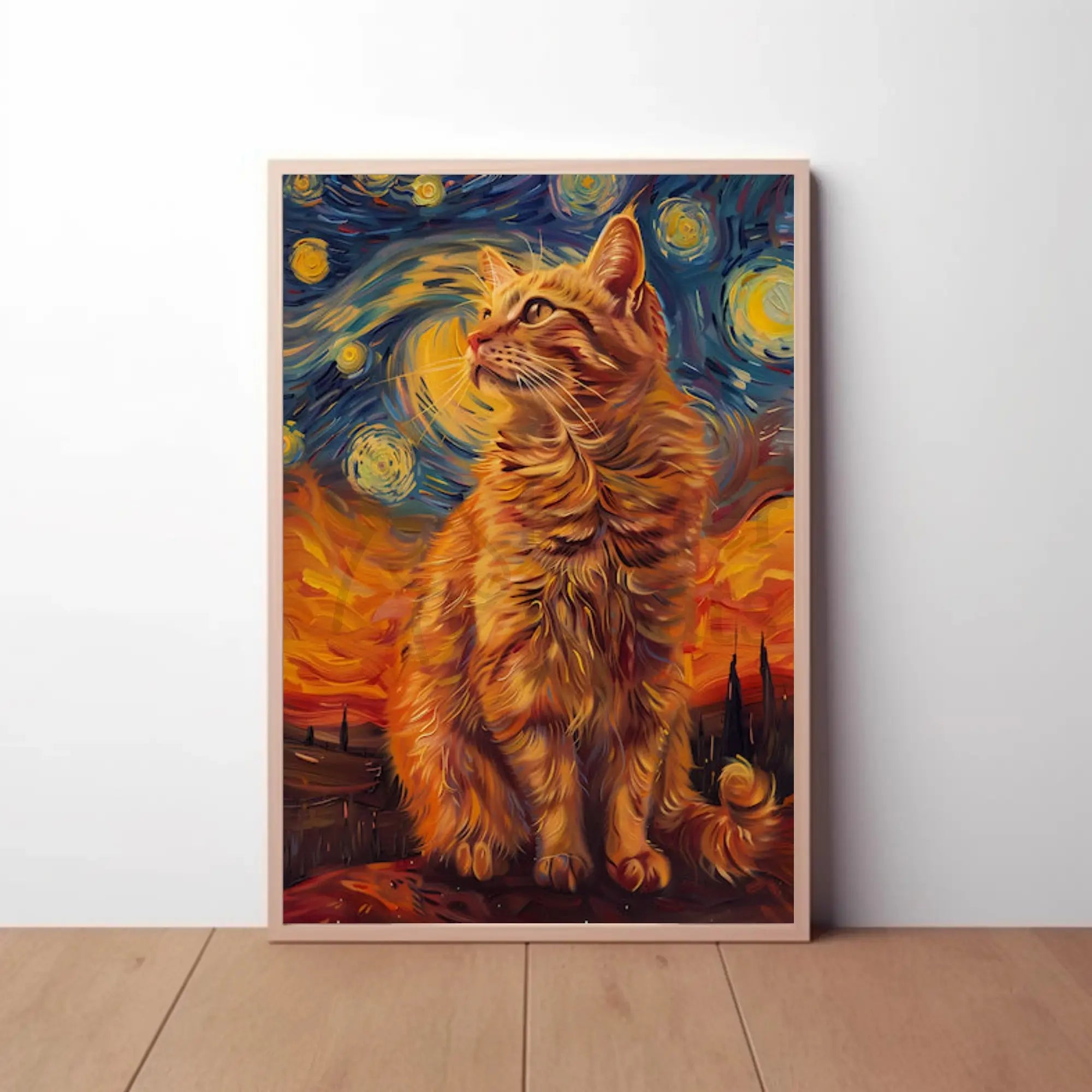 Whimsical Cat Under Starry Sky Artistic Animal Poster PosterGoat