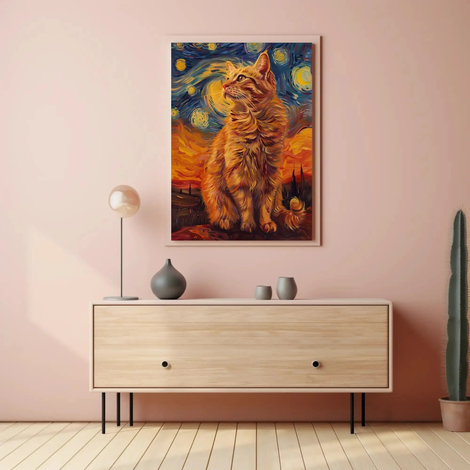 Whimsical Cat Under Starry Sky Artistic Animal Poster PosterGoat