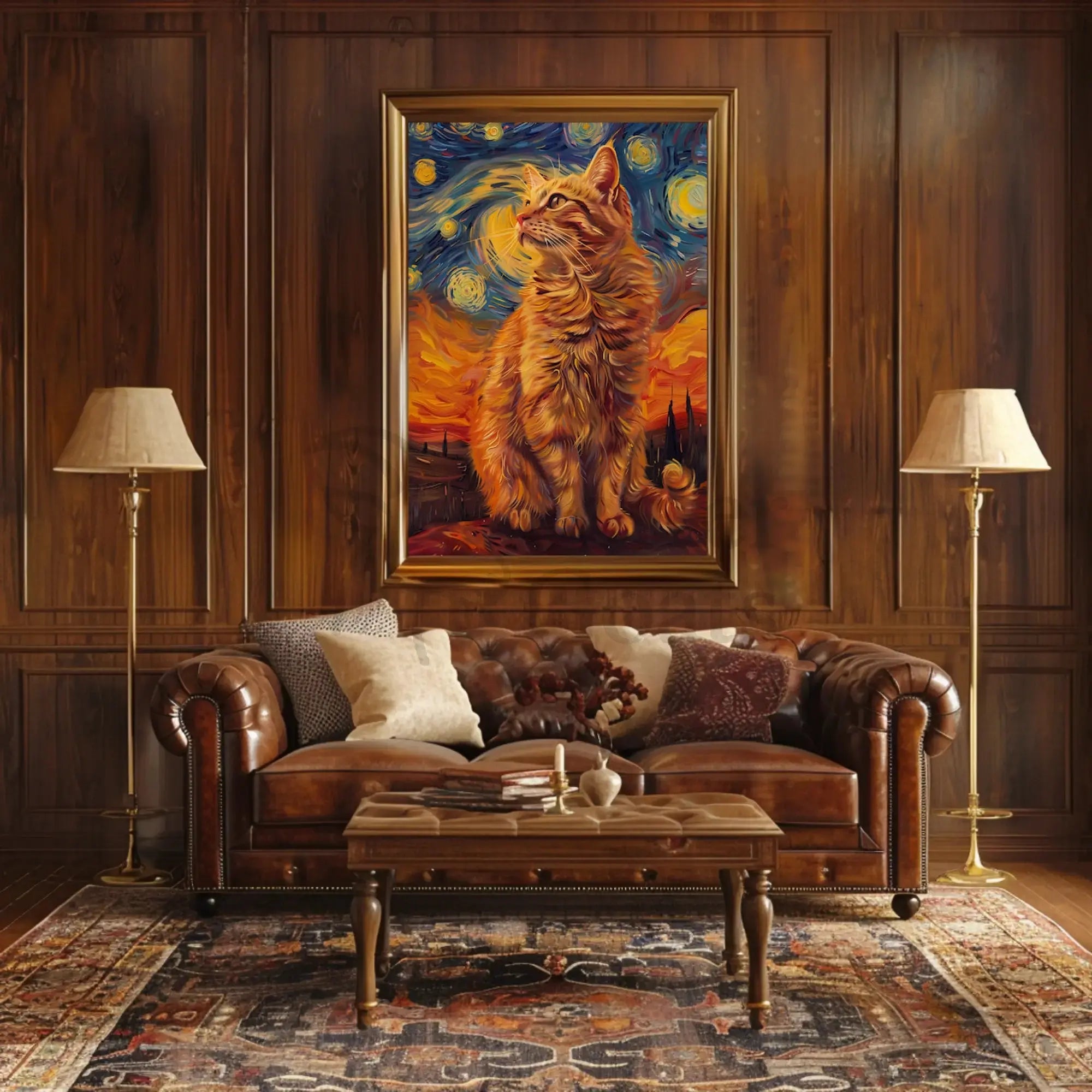 Whimsical Cat Under Starry Sky Artistic Animal Poster PosterGoat