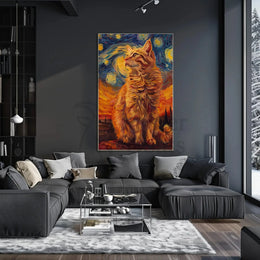 Whimsical Cat Under Starry Sky Artistic Animal Poster PosterGoat