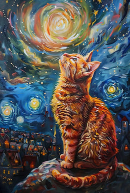Whimsical Cat Under Starry Sky Artistic Poster PosterGoat