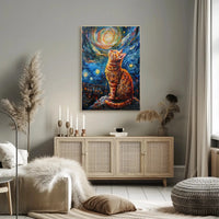 Whimsical Cat Under Starry Sky Artistic Poster PosterGoat