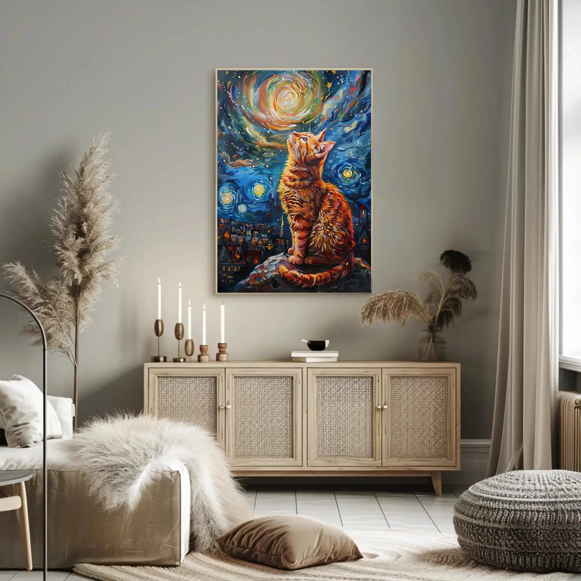 Whimsical Cat Under Starry Sky Artistic Poster PosterGoat