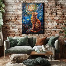 Whimsical Cat Under Starry Sky Artistic Poster PosterGoat