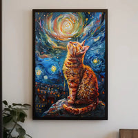Whimsical Cat Under Starry Sky Artistic Poster PosterGoat