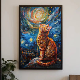 Whimsical Cat Under Starry Sky Artistic Poster PosterGoat
