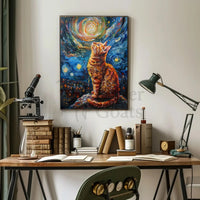 Whimsical Cat Under Starry Sky Artistic Poster PosterGoat