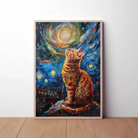 Whimsical Cat Under Starry Sky Artistic Poster PosterGoat