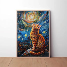 Whimsical Cat Under Starry Sky Artistic Poster PosterGoat