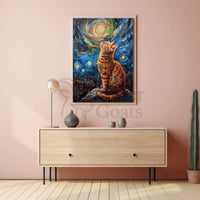 Whimsical Cat Under Starry Sky Artistic Poster PosterGoat
