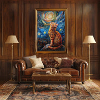 Whimsical Cat Under Starry Sky Artistic Poster PosterGoat