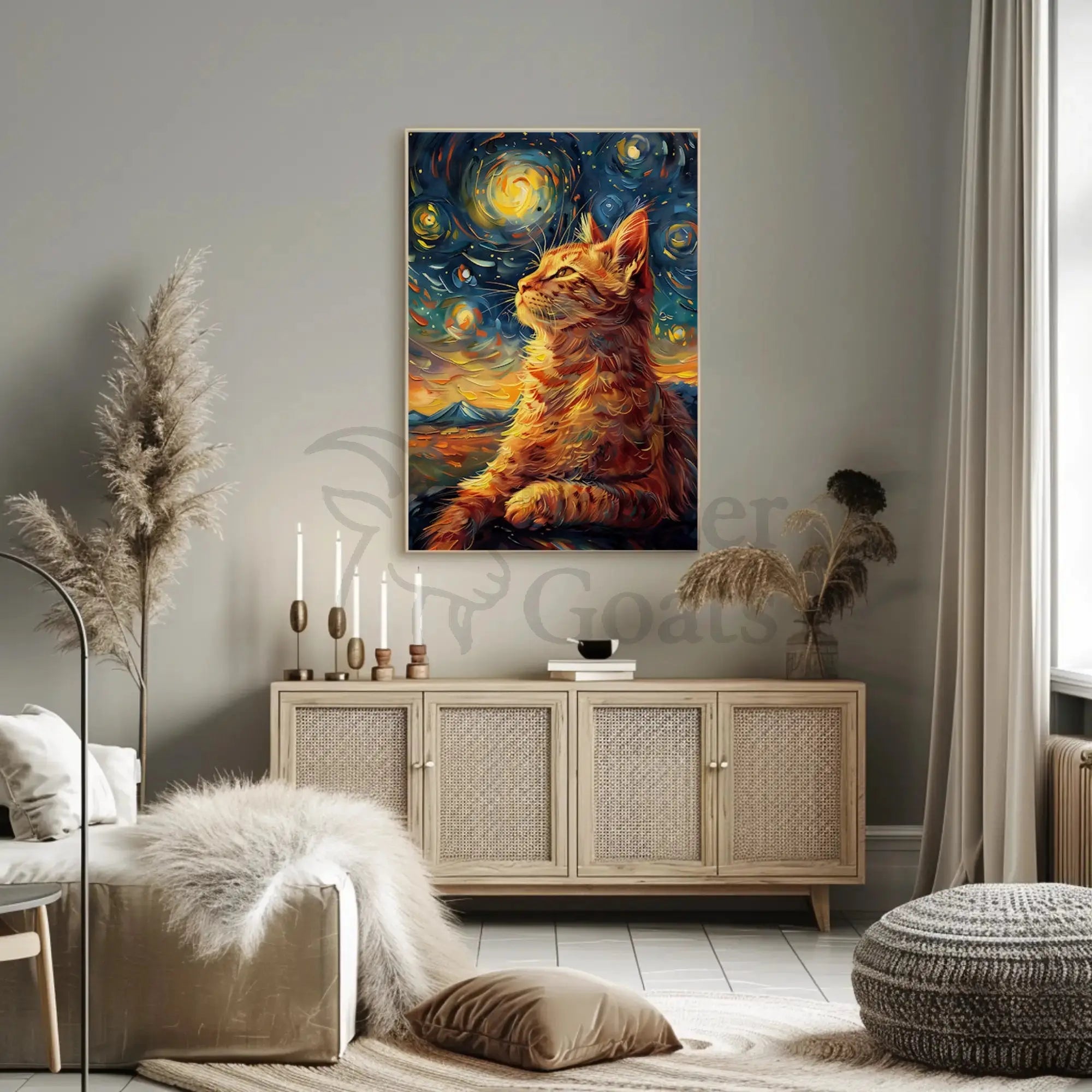 Whimsical Cat beneath Starry Night Artistic Poster PosterGoat