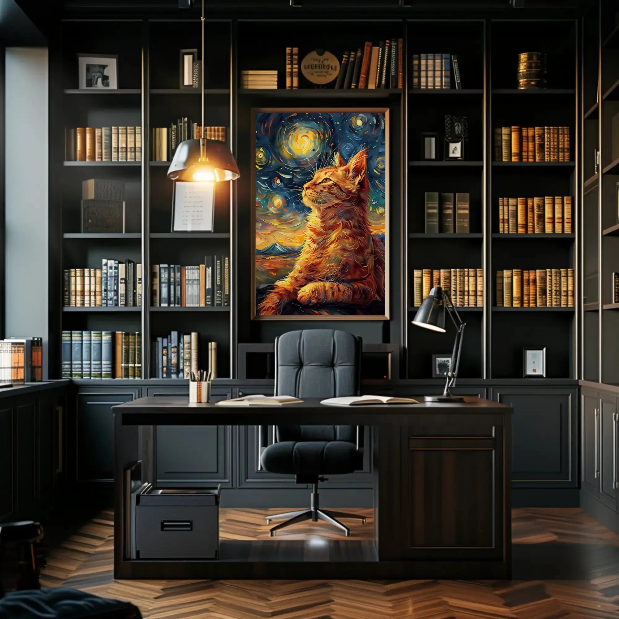Whimsical Cat beneath Starry Night Artistic Poster PosterGoat
