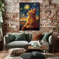 Whimsical Cat beneath Starry Night Artistic Poster PosterGoat
