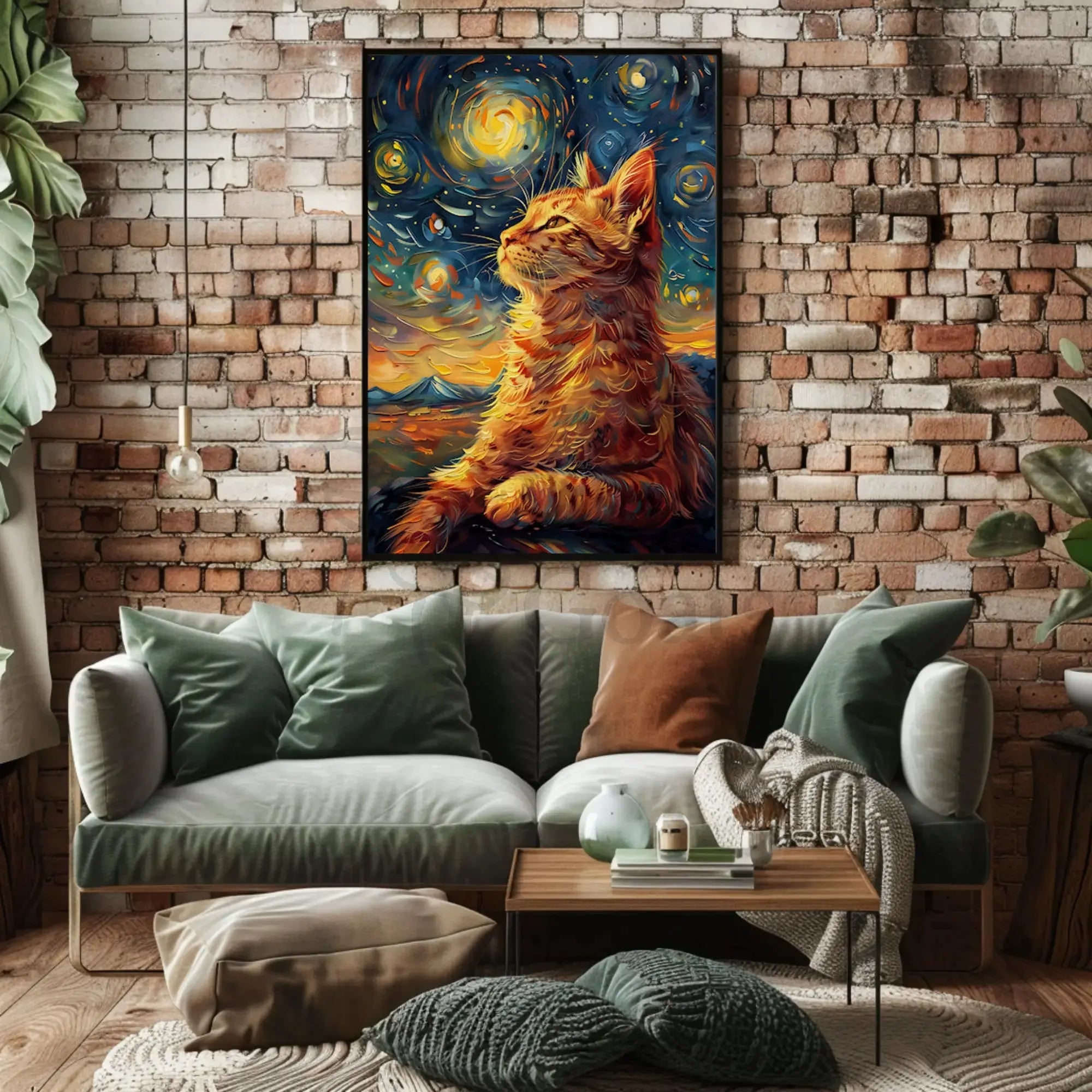 Whimsical Cat beneath Starry Night Artistic Poster PosterGoat