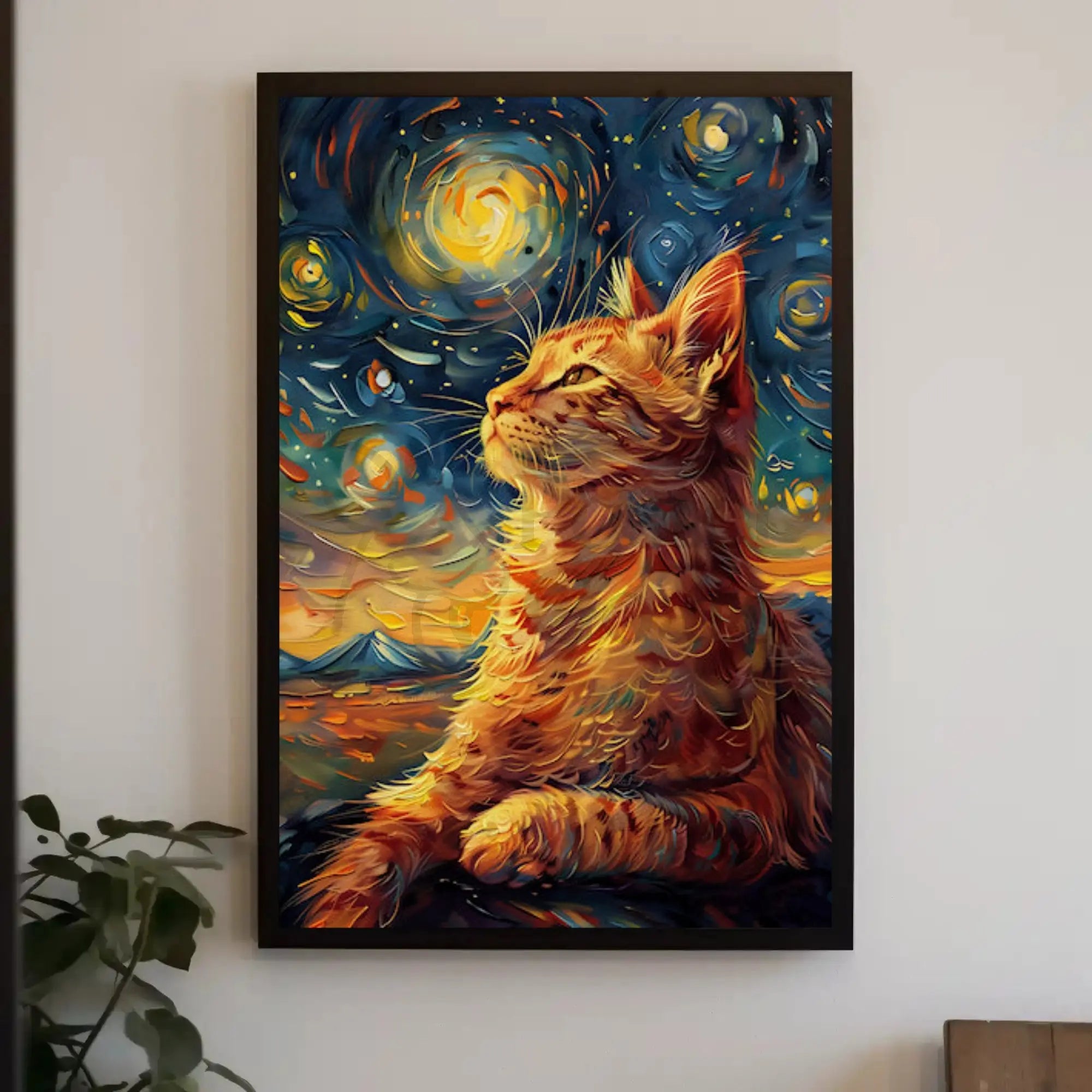 Whimsical Cat beneath Starry Night Artistic Poster PosterGoat