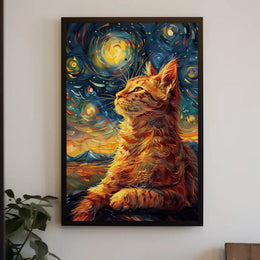 Whimsical Cat beneath Starry Night Artistic Poster PosterGoat