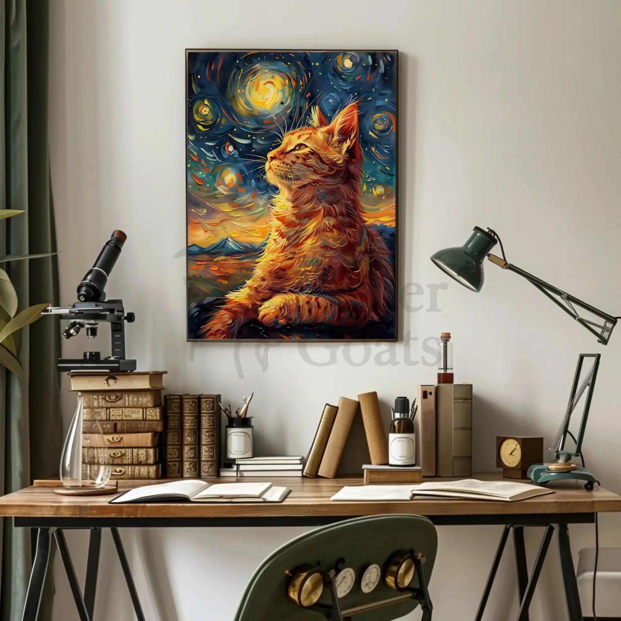 Whimsical Cat beneath Starry Night Artistic Poster PosterGoat