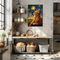 Whimsical Cat beneath Starry Night Artistic Poster PosterGoat