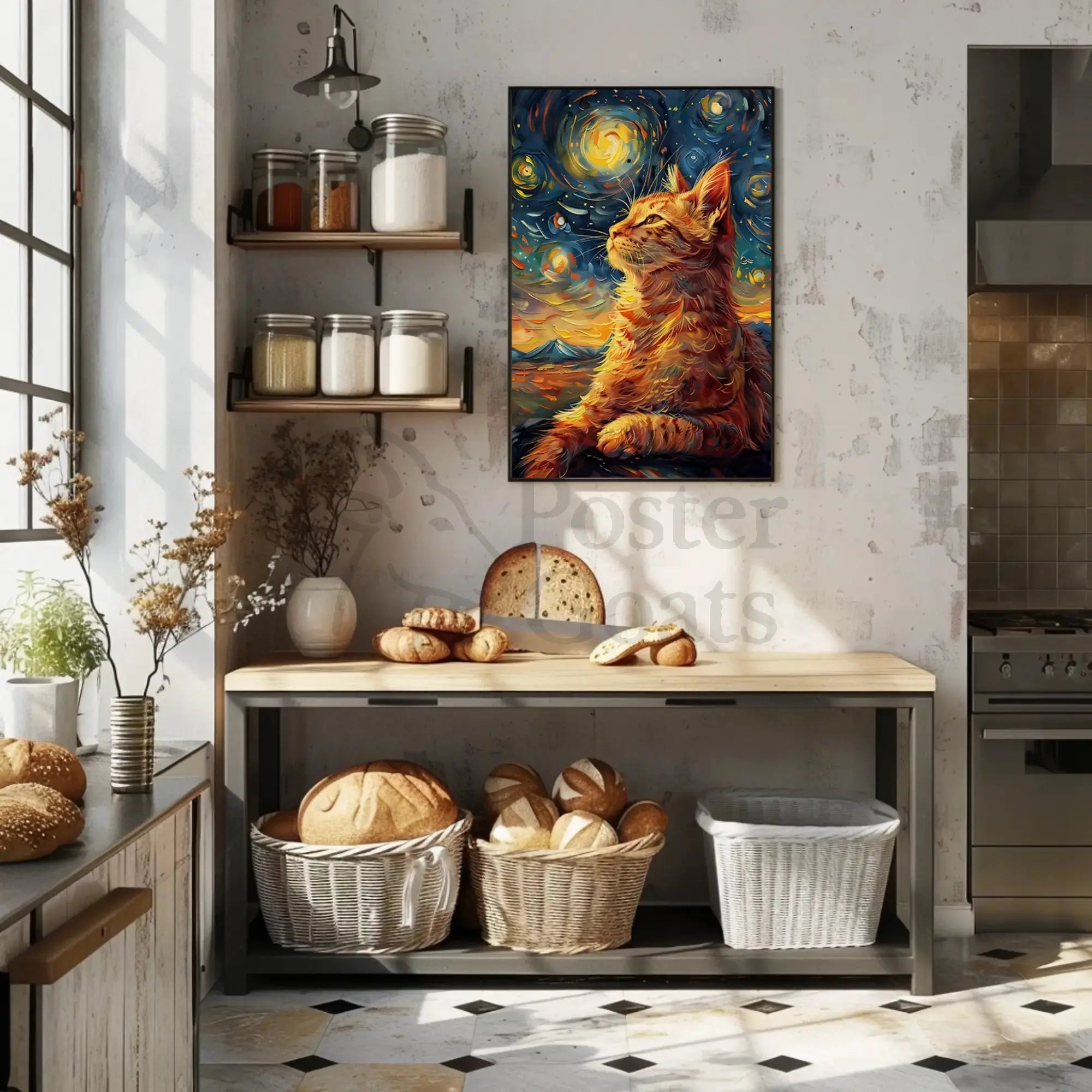 Whimsical Cat beneath Starry Night Artistic Poster PosterGoat