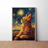Whimsical Cat beneath Starry Night Artistic Poster PosterGoat