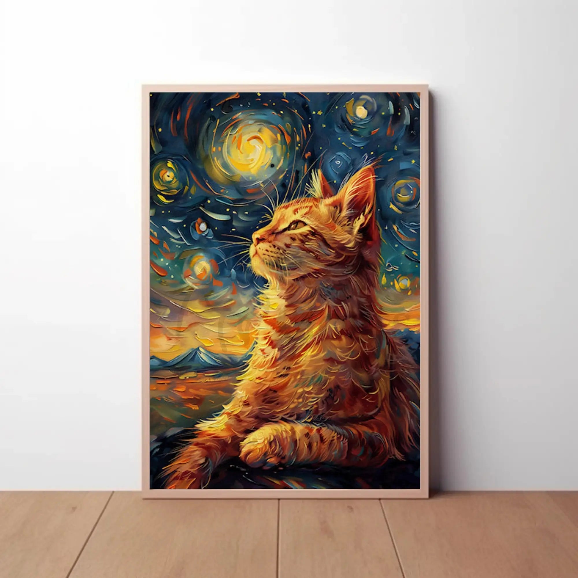 Whimsical Cat beneath Starry Night Artistic Poster PosterGoat