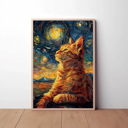 Whimsical Cat beneath Starry Night Artistic Poster PosterGoat