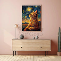 Whimsical Cat beneath Starry Night Artistic Poster PosterGoat