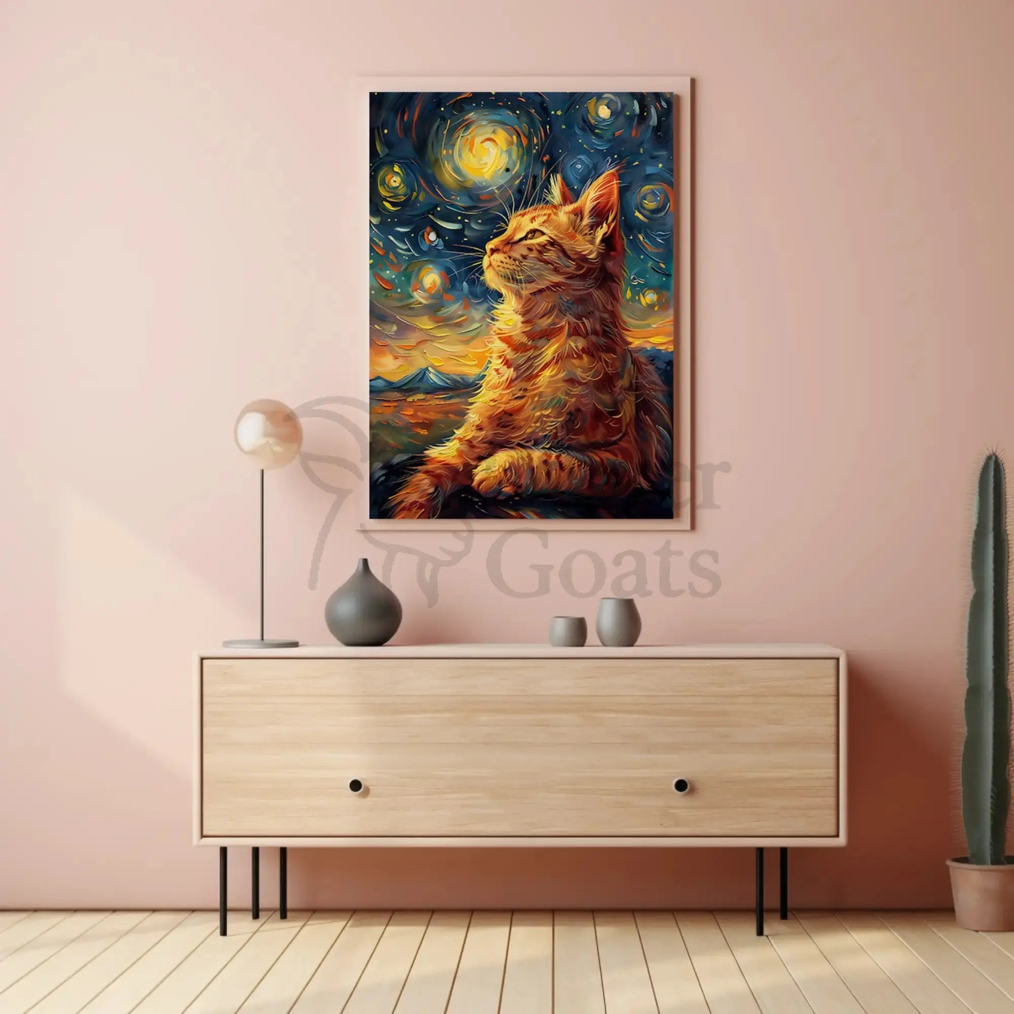 Whimsical Cat beneath Starry Night Artistic Poster PosterGoat