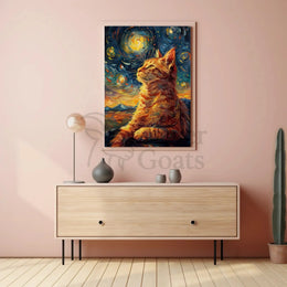 Whimsical Cat beneath Starry Night Artistic Poster PosterGoat