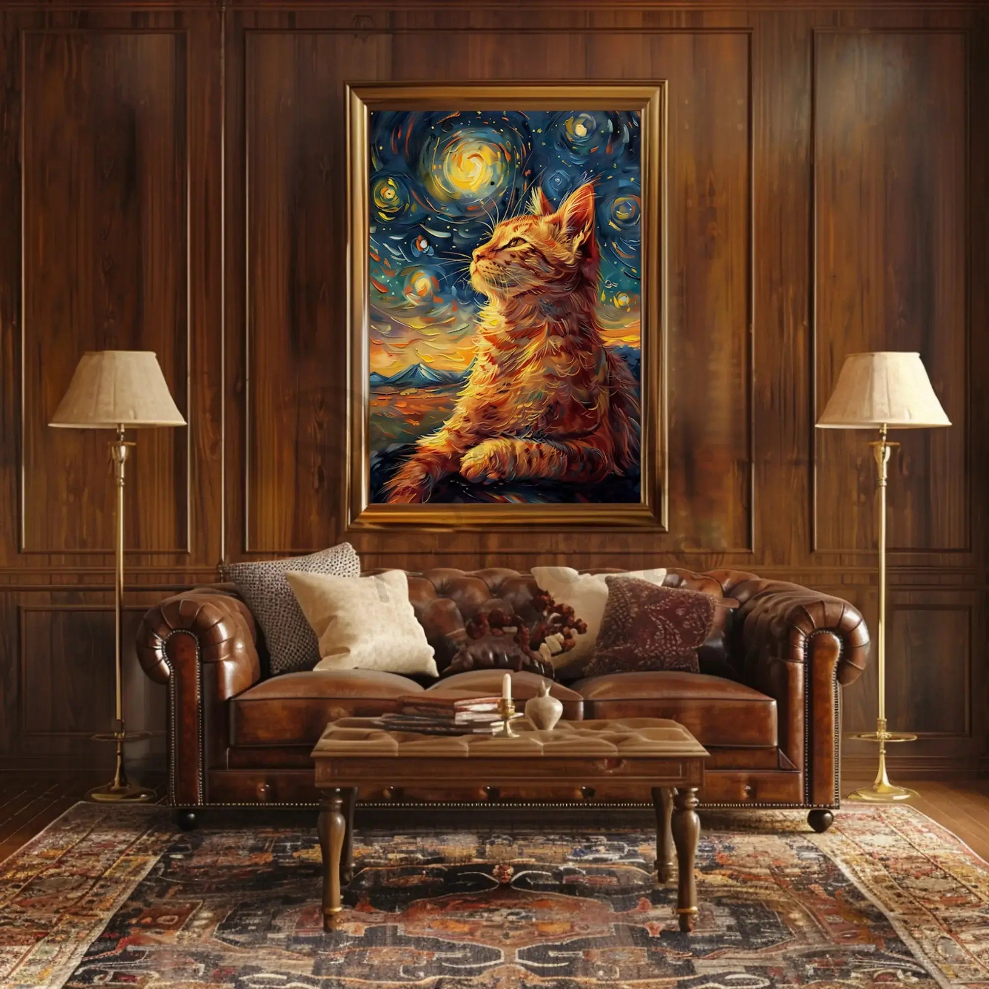 Whimsical Cat beneath Starry Night Artistic Poster PosterGoat