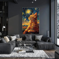 Whimsical Cat beneath Starry Night Artistic Poster PosterGoat