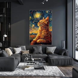 Whimsical Cat beneath Starry Night Artistic Poster PosterGoat