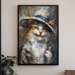 Whimsical Cat in Hat Artistic Animal Poster PosterGoat