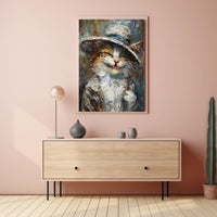 Whimsical Cat in Hat Artistic Animal Poster PosterGoat