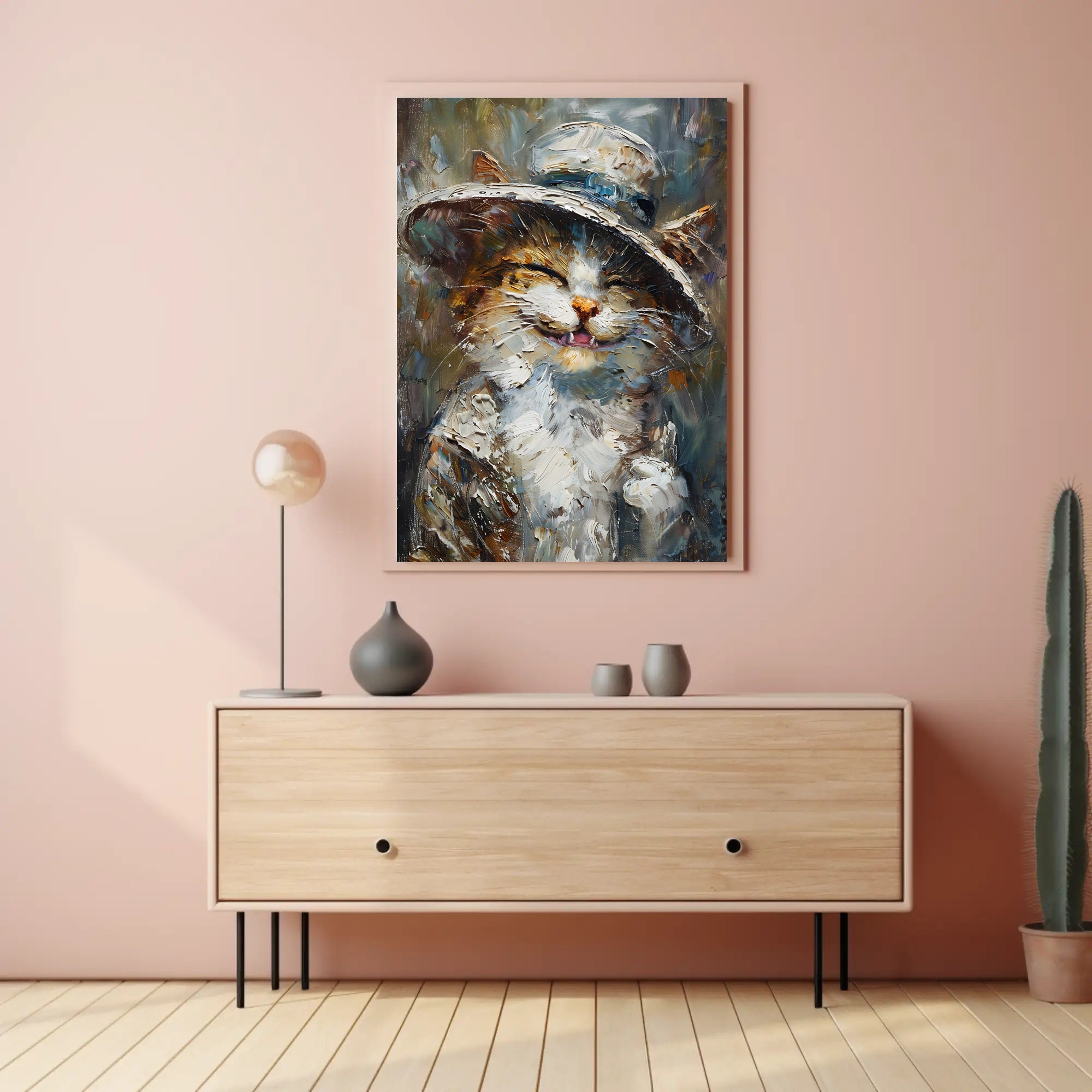 Whimsical Cat in Hat Artistic Animal Poster PosterGoat