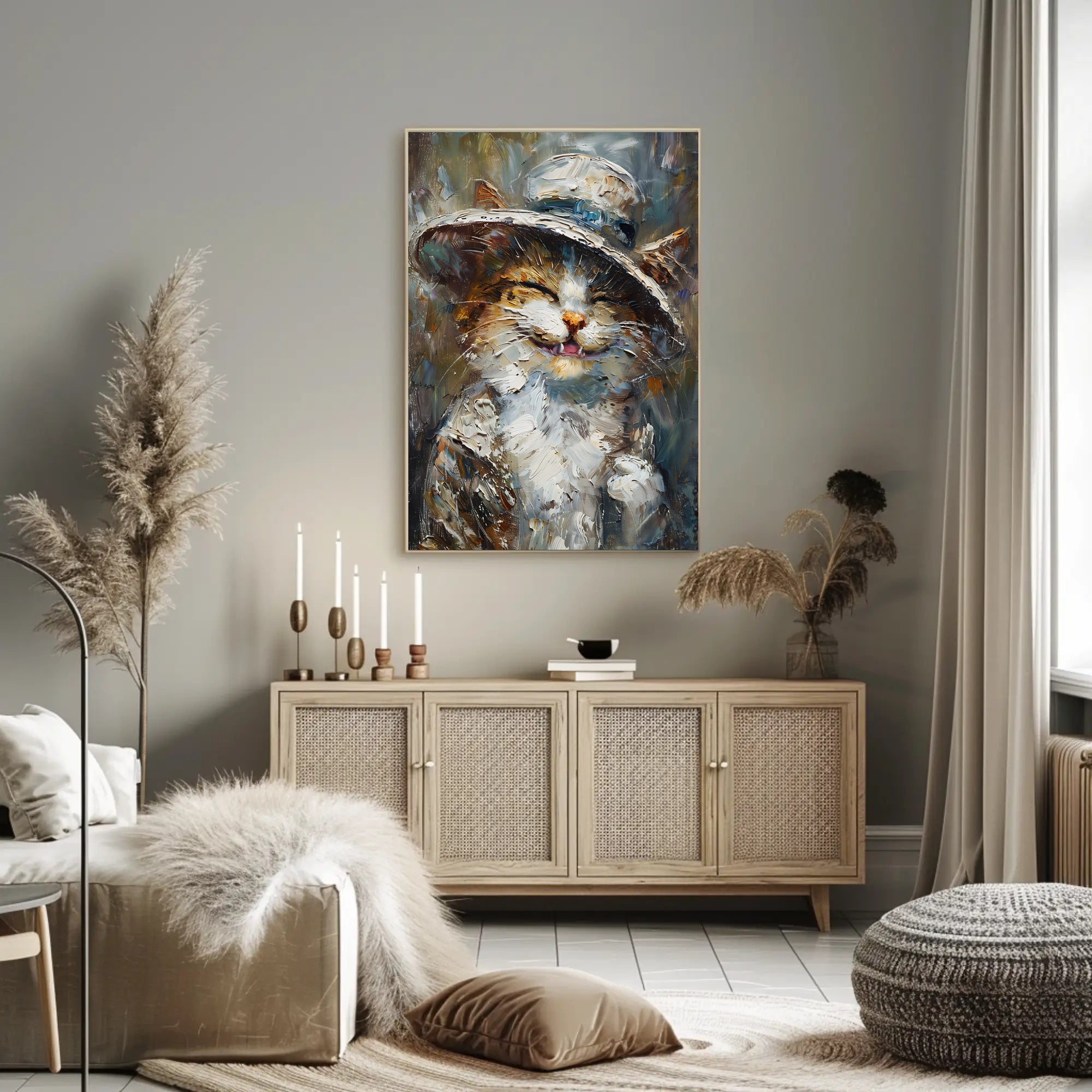 Whimsical Cat in Hat Artistic Animal Poster PosterGoat